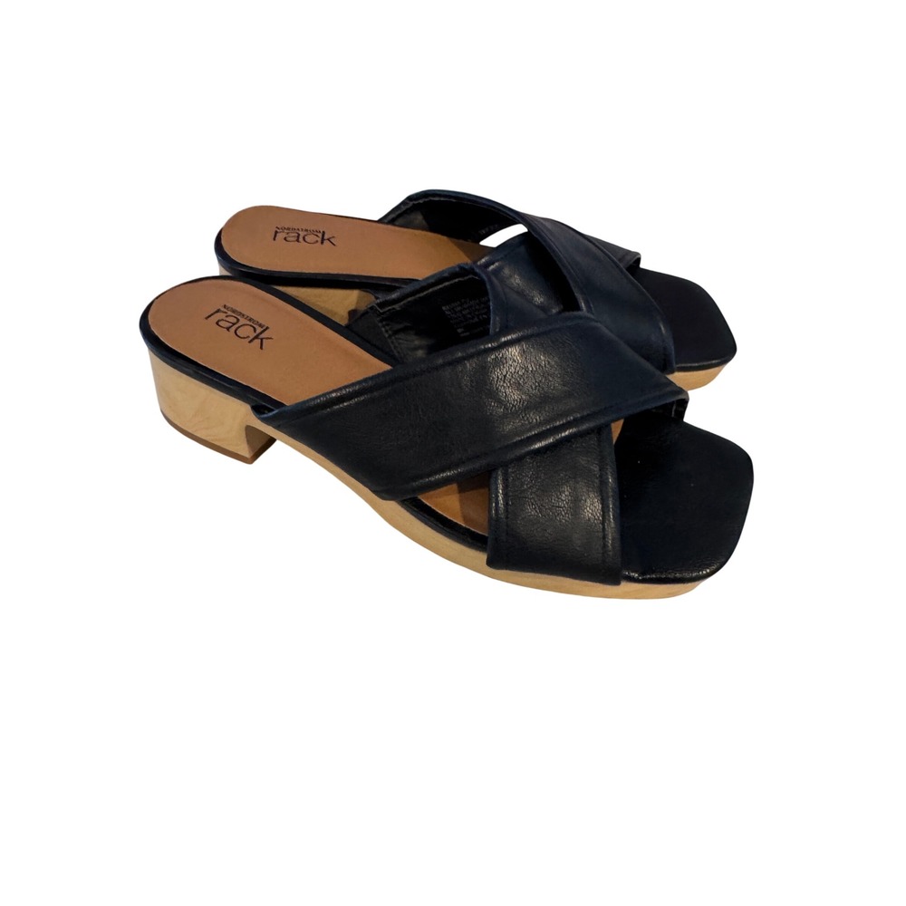 Nordstrom Rack Black Crisscross‎ Strap Wood Block Heel Slide Sandals 8M